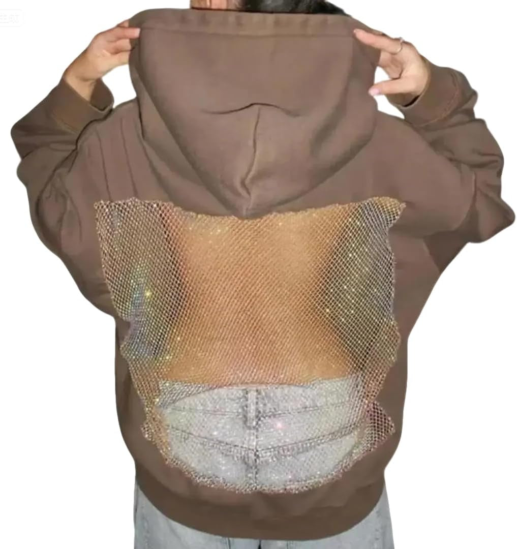 Crystal Mesh Back Hoodie Women Hollow Backless Oversized Sweatshirts with Pocket Y2K Party Sparkly Fleece Pullover