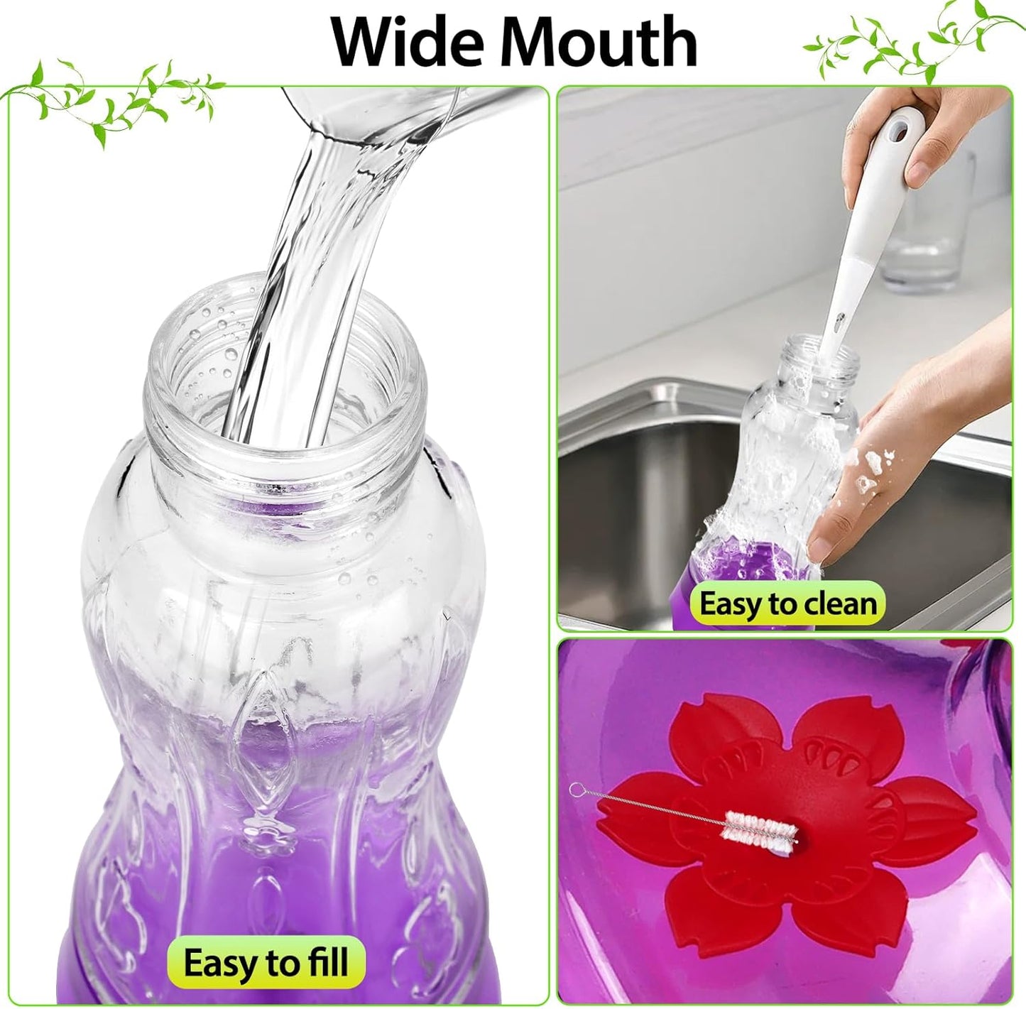 Glass Hummingbird Feeders for Outdoors, Built-In Ant Moat & Leakproof Design, Hummingbird Feeder with 4 Bee Guard Feeding Ports, 15OZ, Purple, Gifts for Mom Wife Dad, Birthday Gift for Men Women