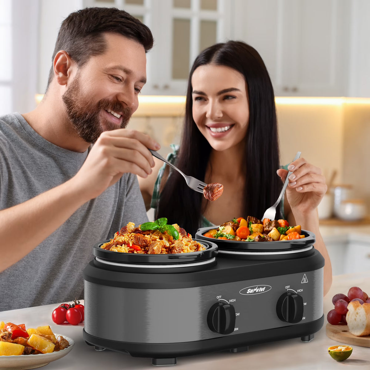 Small Double Slow Cooker, 2 Pot 1.25 Quart Oval Crock Food Warmer Buffet Server, Stainless Steel, Gray