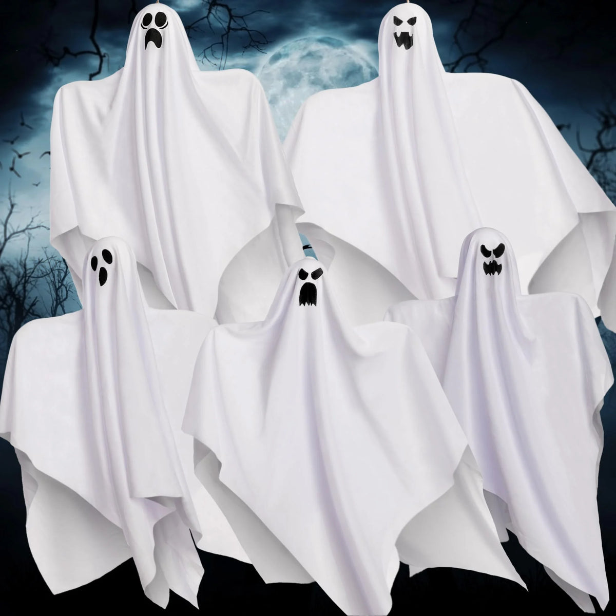 27.5" 5 Pack Halloween Hanging Ghosts for Halloween Party Decoration, Cute Flying Ghost for Front Yard Patio Lawn Garden Party Décor and Holiday Halloween Hanging Decorations