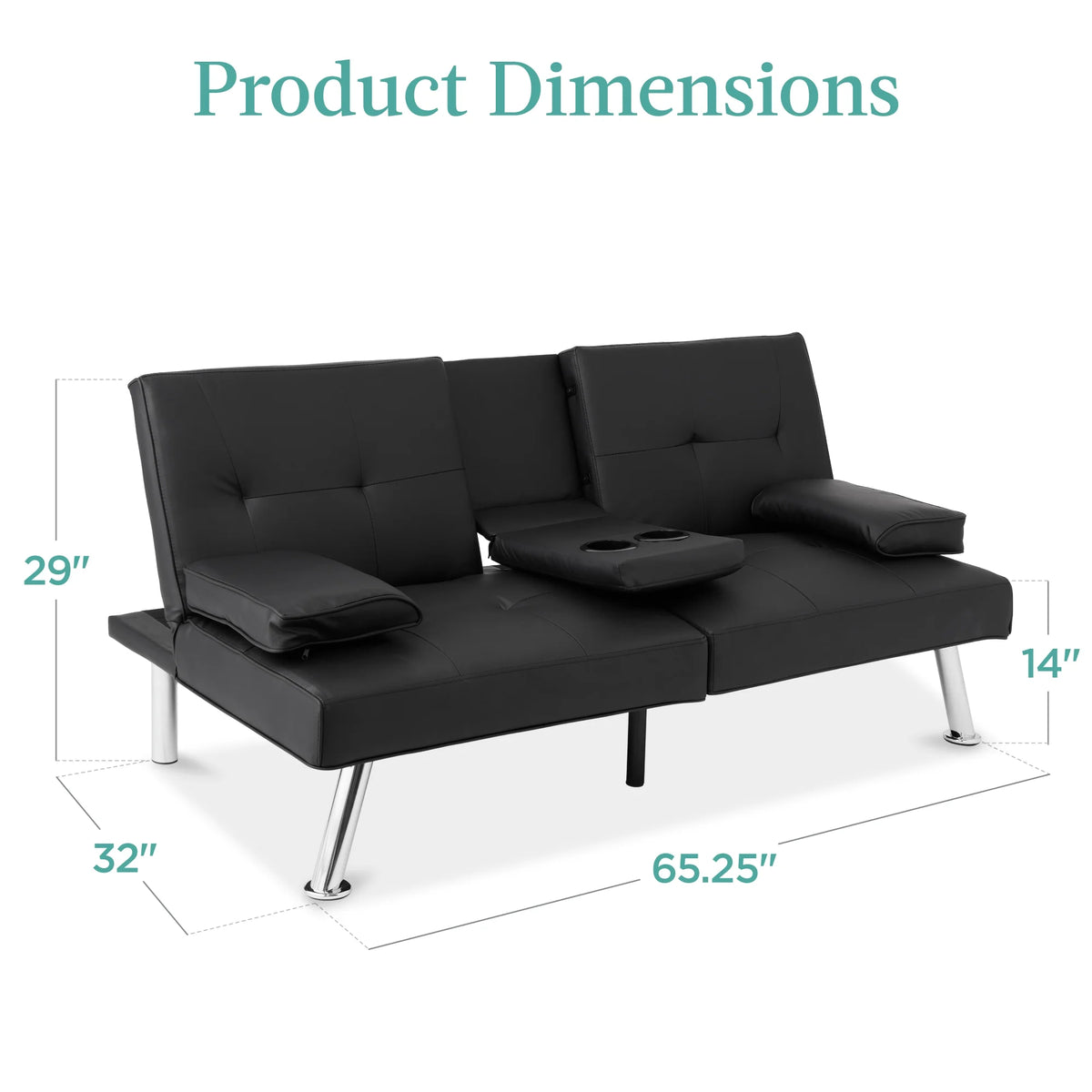 Modern Faux Leather Convertible Futon Sofa W/ Removable Armrests, 2 Cupholders - Black