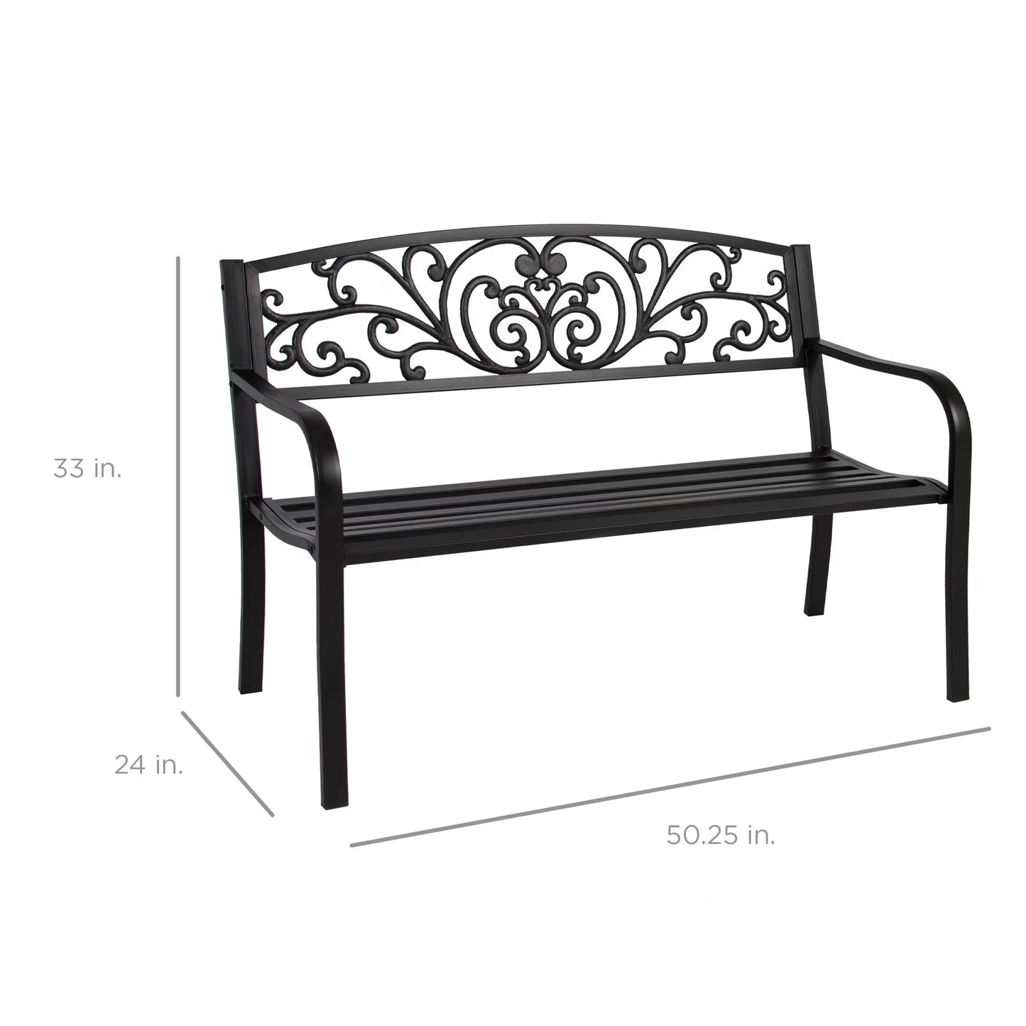 Outdoor Steel Bench Garden Patio Porch Furniture W/ Floral Design Backrest - Black