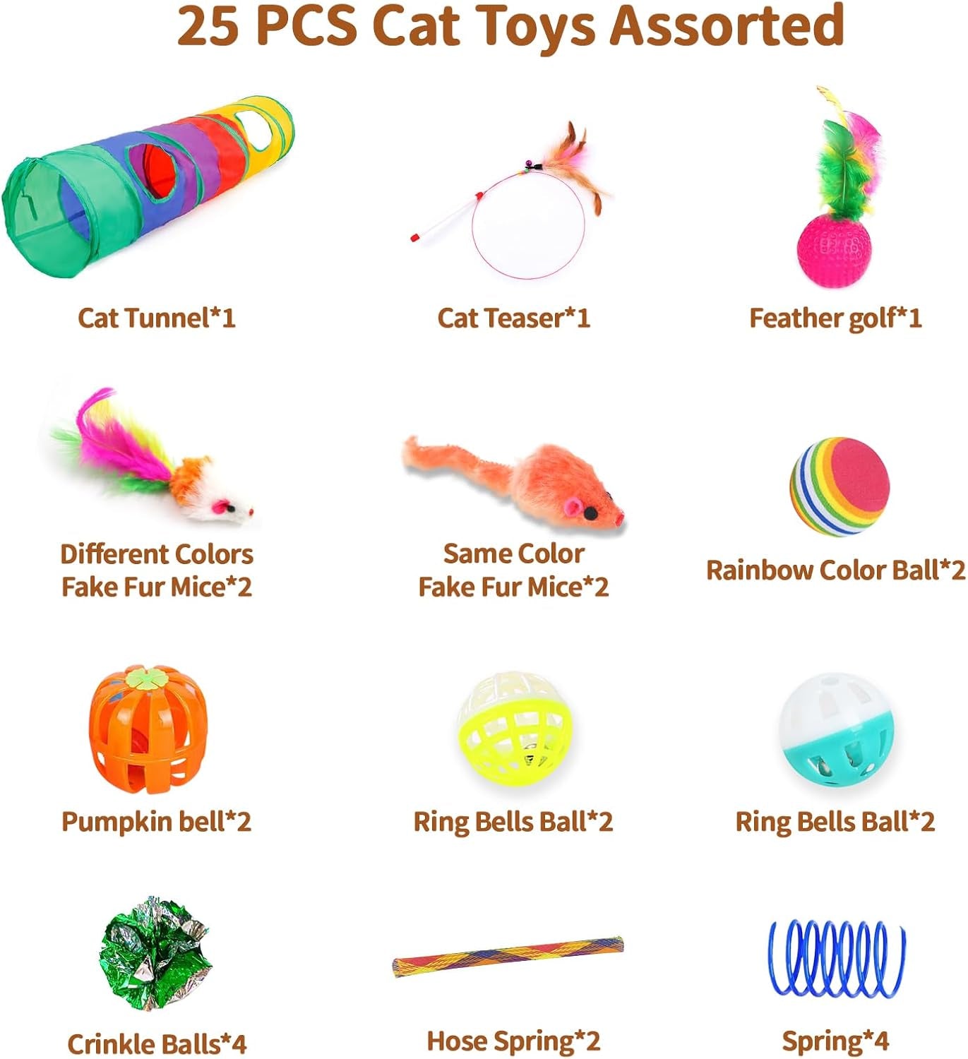 25 Pcs Cat Toys for Cats, Indoor Kittens - Interactive Variety Pack, 45 Inches Rainbow Cat Tunnel, Feather Teaser, Feather Golf, Mice, Springs, Balls, Noise Toys - Rainbow/Colorful 45"