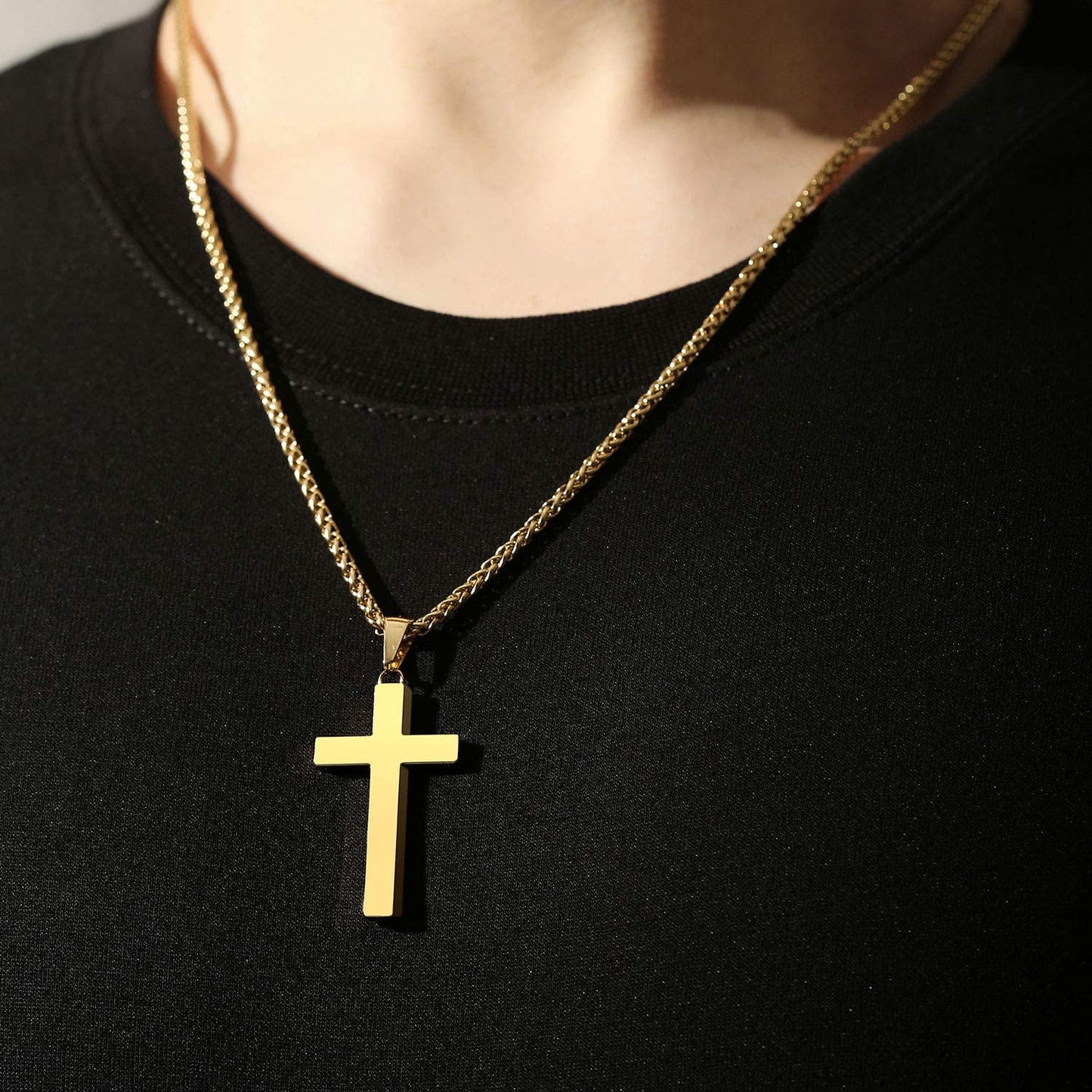 Gold Cross Necklaces for Men Boys Stainless Steel Cross Pendant Chain Catholic Religious Christian Birthday First Communion Confirmation Graduation Fathers Day Jewelry Gifts Teen Him Dad Kids
