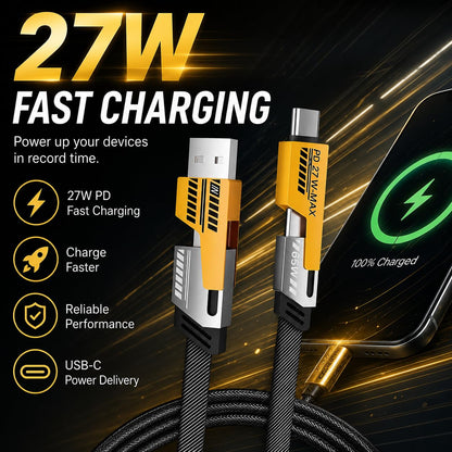 4-In-1 USB-C Charging Cable, Tangle-Free Nylon Braided Multi Charging Cord, USB-A & USB-C Inputs, PD 27W Fast Charge, Compatible with Iphone, USB-C Devices, Tablets & Phones (6.6FT)