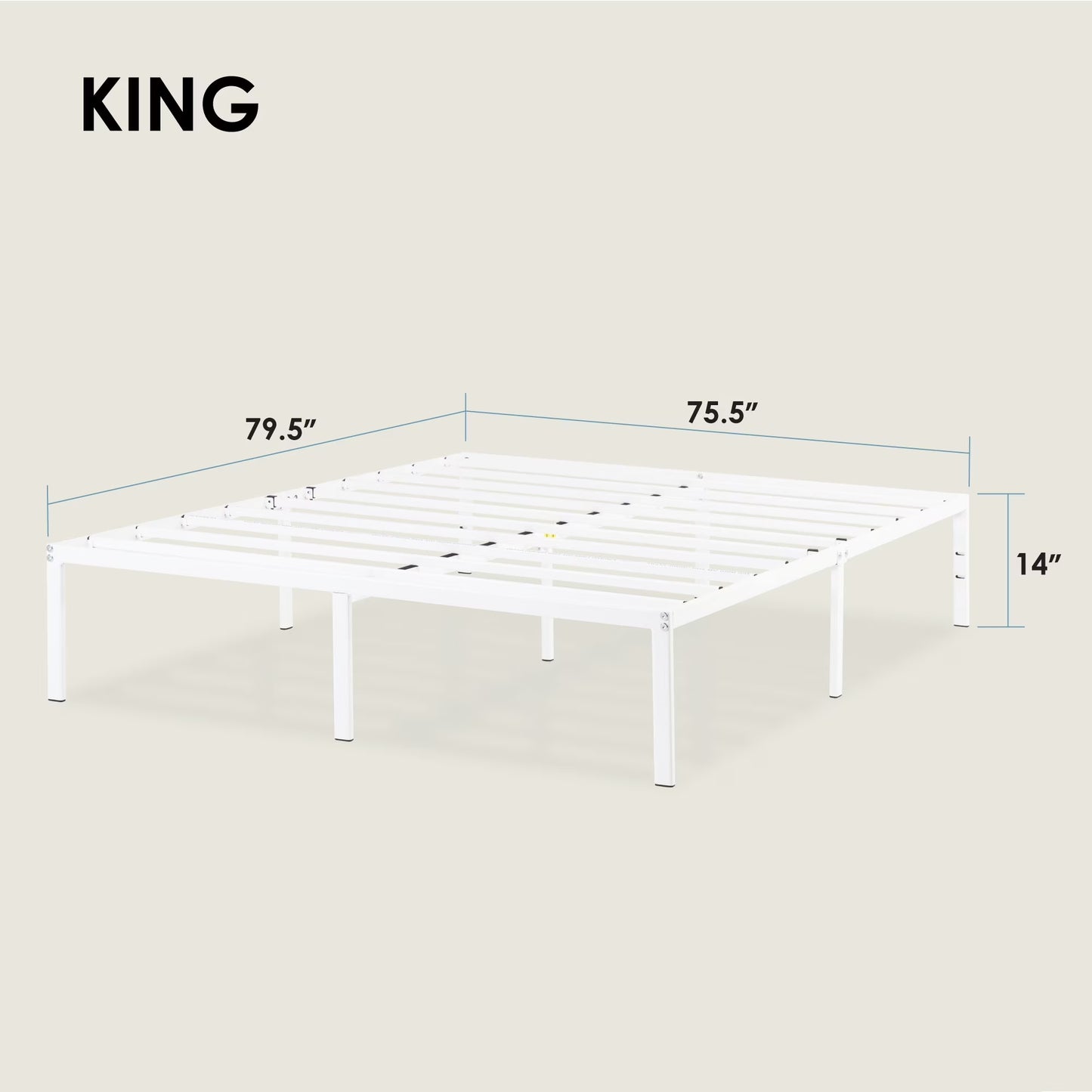 14" Metal Platform Bed Frame, Heavy-Duty Steel Slats, White, King