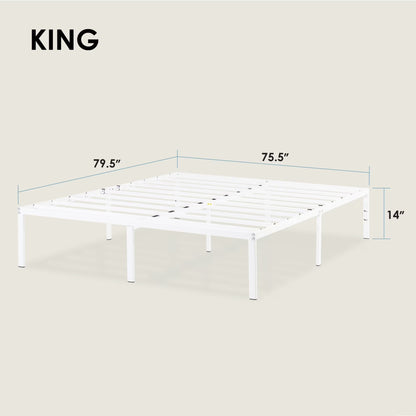 14" Metal Platform Bed Frame, Heavy-Duty Steel Slats, White, King