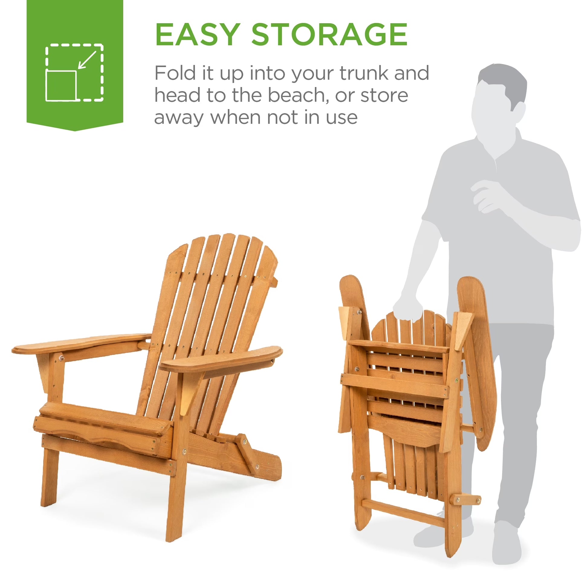 Folding Adirondack Chair Outdoor, Wooden Accent Lounge Furniture W/ 350Lb Capacity - Natural