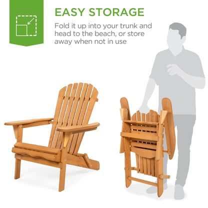 Folding Adirondack Chair Outdoor, Wooden Accent Lounge Furniture W/ 350Lb Capacity - Natural
