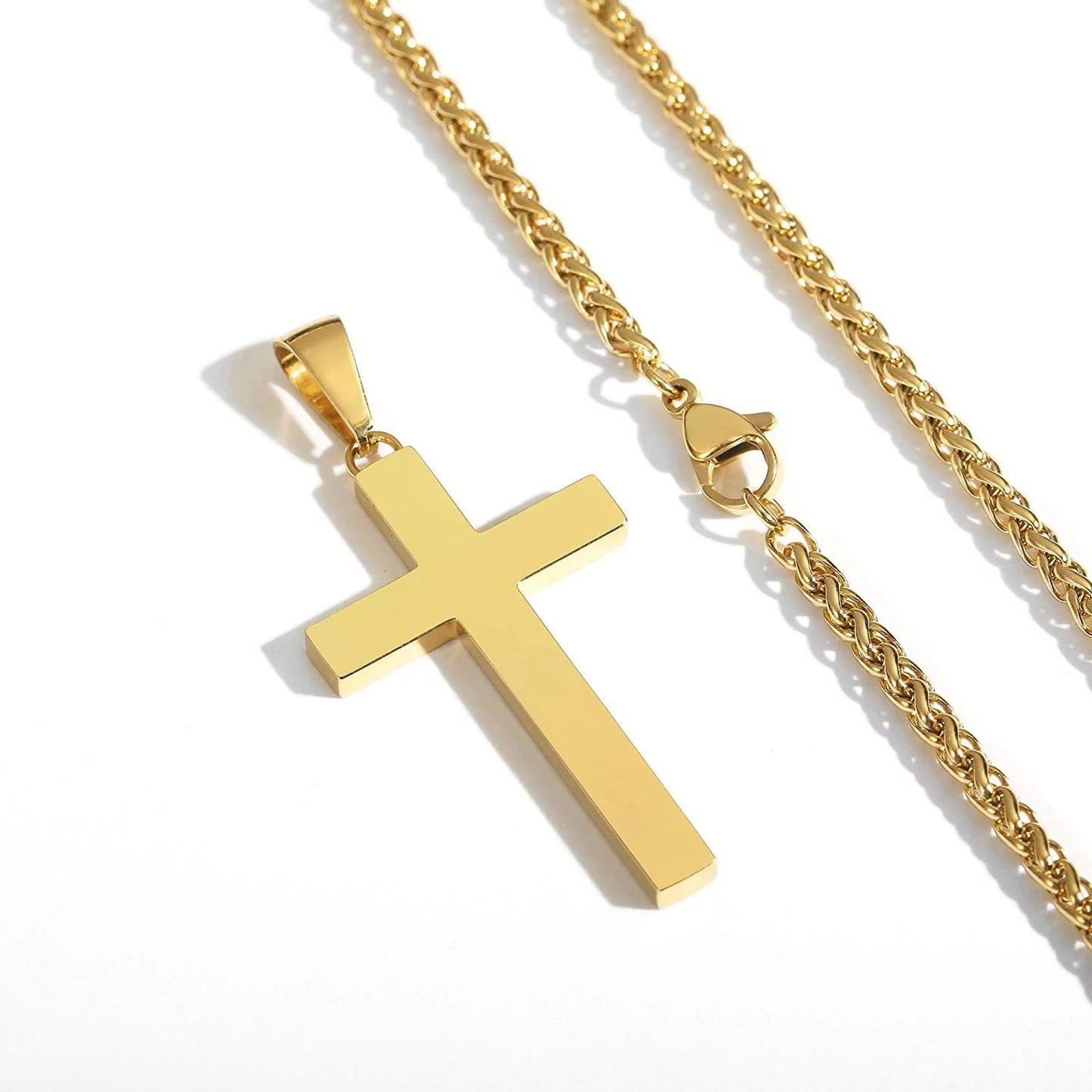 Gold Cross Necklaces for Men Boys Stainless Steel Cross Pendant Chain Catholic Religious Christian Birthday First Communion Confirmation Graduation Fathers Day Jewelry Gifts Teen Him Dad Kids