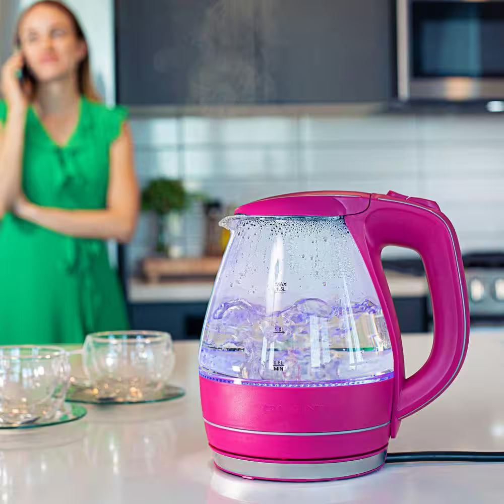 Illuminated 6.5-Cup Fuschia Electric Kettle with Filter, Fast Heating and Auto-Shut Off