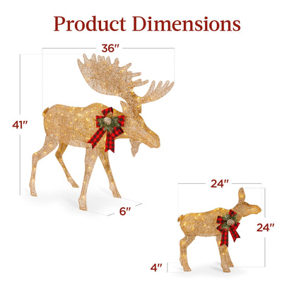 2-Piece Moose Family Lighted Christmas Yard Decor Set W/ 170 LED Lights, Stakes, Zip Ties - Gold