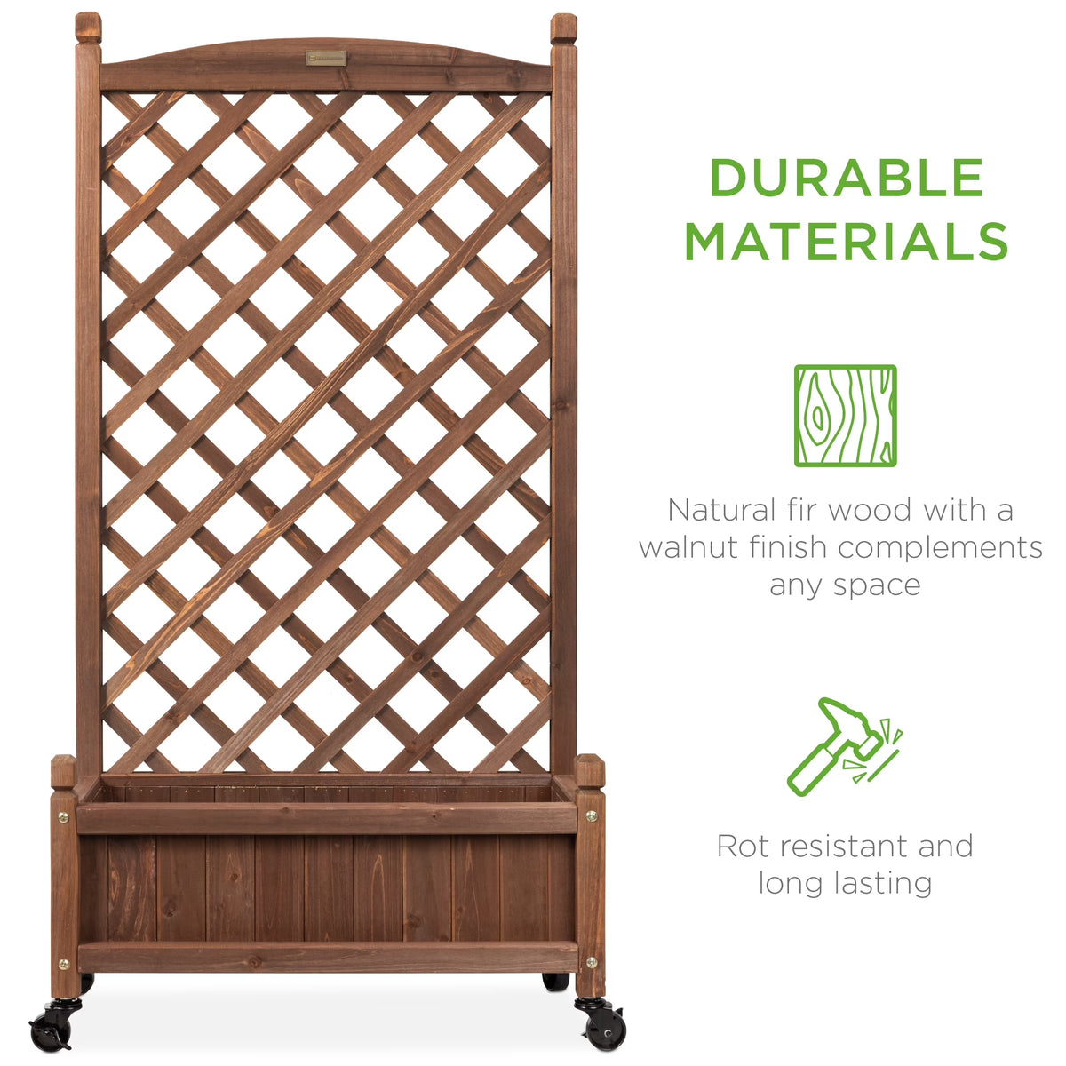 Set of 2 48In Wood Planter Box & Diamond Lattice Trellis, W/ Drainage, Optional Wheels - Walnut