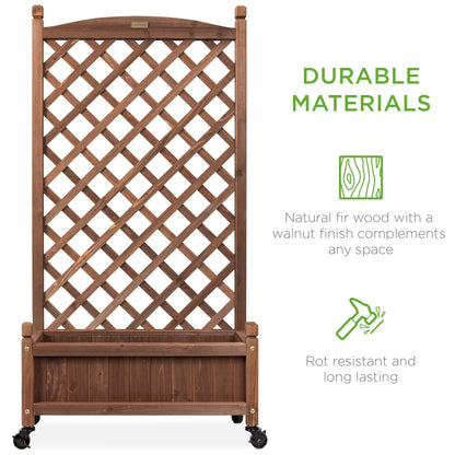 Set of 2 48In Wood Planter Box & Diamond Lattice Trellis, W/ Drainage, Optional Wheels - Walnut