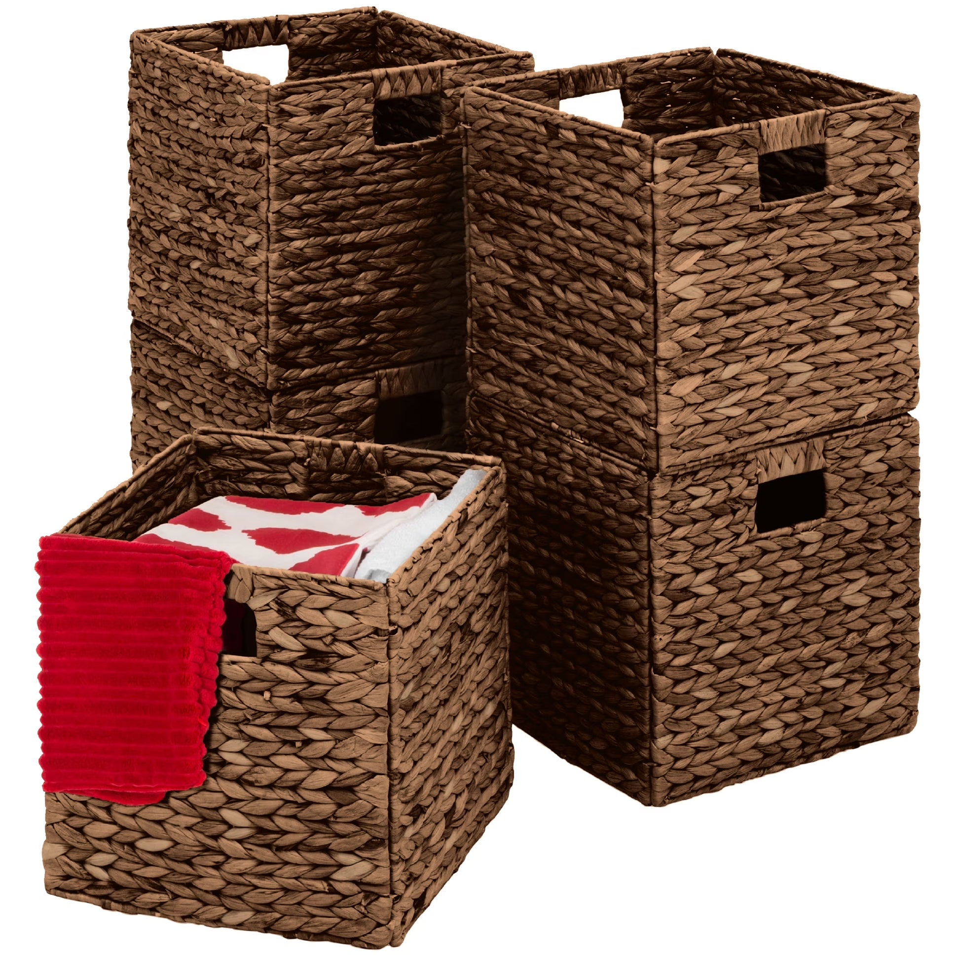 12X12In Hyacinth Baskets, Set of 5 Multipurpose Collapsible Organizers W/ Inserts - Brown