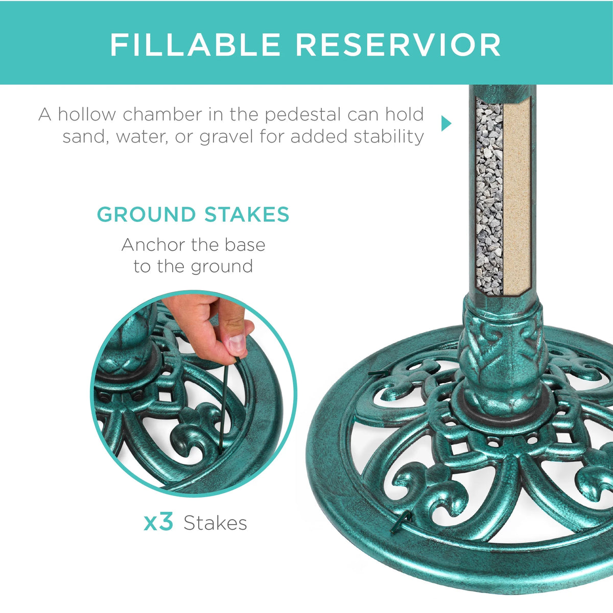 Outdoor Rustic Pedestal Bird Bath Accent for Garden, Yard W/ Fleur-De-Lis Accents - Green