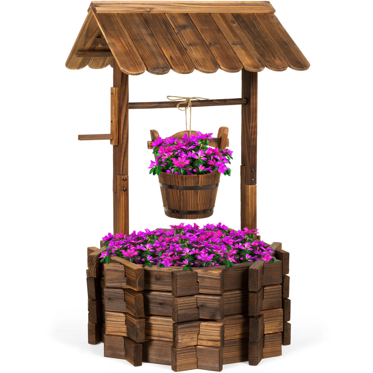 21.5" Rustic Wooden Wishing Well Planter Outdoor Home Decor for Patio, Garden, Yard W/ Hanging Bucket