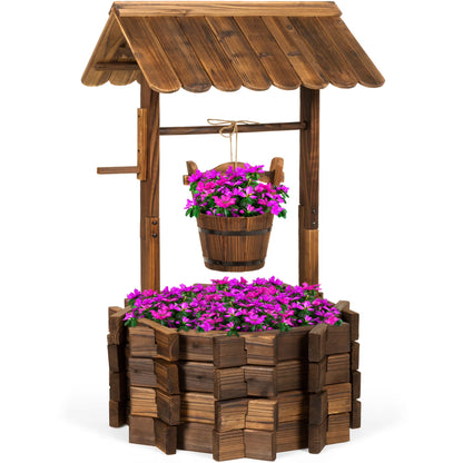 21.5" Rustic Wooden Wishing Well Planter Outdoor Home Decor for Patio, Garden, Yard W/ Hanging Bucket
