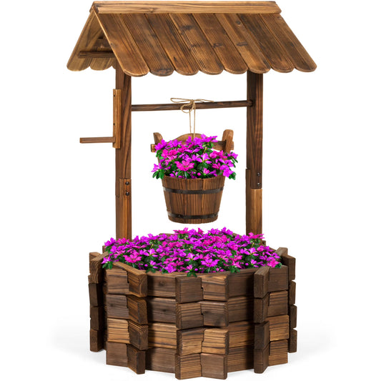 21.5" Rustic Wooden Wishing Well Planter Outdoor Home Decor for Patio, Garden, Yard W/ Hanging Bucket