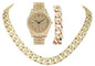 Blinged Out Cuban Necklace W/ Matching Bracelet and Fire Iced Out Timepiece - Boujee 3Pc Set - 2023 CNBW (ST10226 Gld/Gld)