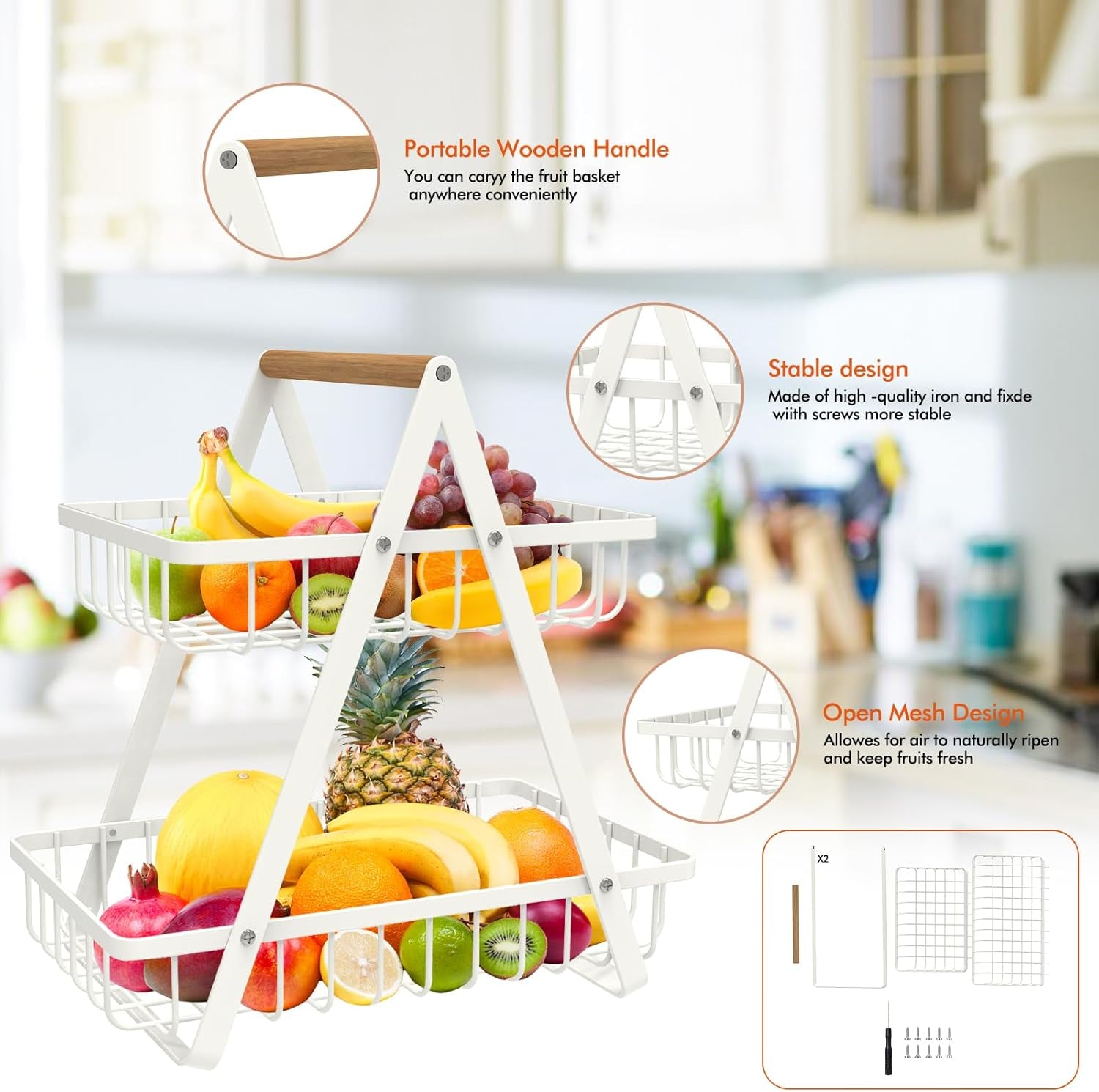 2-Tier Countertop Fruit Basket, Detachable Metal Rectangular Fruit Bowl with Portable Wooden Handle, Multi-Purpose Storage Organizer for Kitchen, Dining Room,Fruits,Vegetables, Bread & Snacks