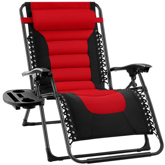 Oversized Padded Zero Gravity Chair, Folding Outdoor Patio Recliner W/ Side Tray - Red