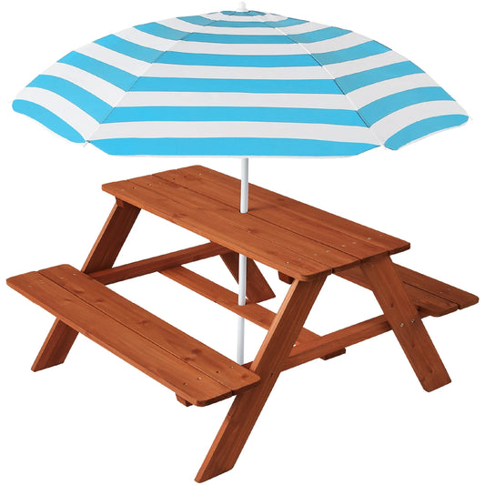 Outdoor Wooden Kids Picnic Table with Umbrella, Activity Table, 220 Lb Capacity - Golden Brown/Aqua