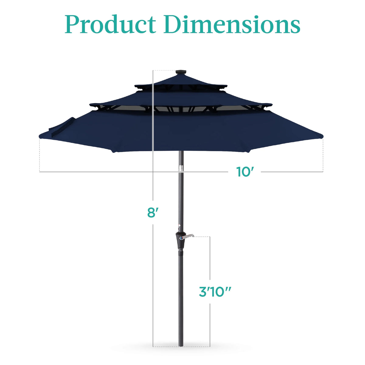 10Ft 3-Tier Solar Patio Umbrella W/ 24 LED Lights, Tilt Adjustment, Easy Crank - Navy Blue