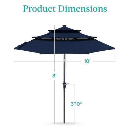 10Ft 3-Tier Solar Patio Umbrella W/ 24 LED Lights, Tilt Adjustment, Easy Crank - Navy Blue