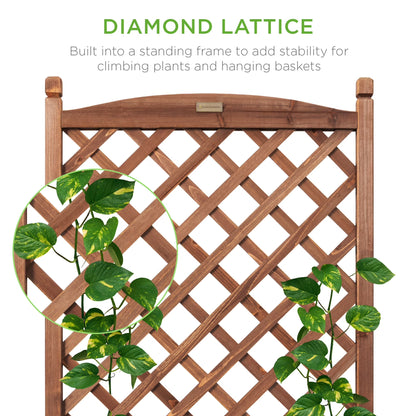 Set of 2 48In Wood Planter Box & Diamond Lattice Trellis, W/ Drainage, Optional Wheels - Walnut