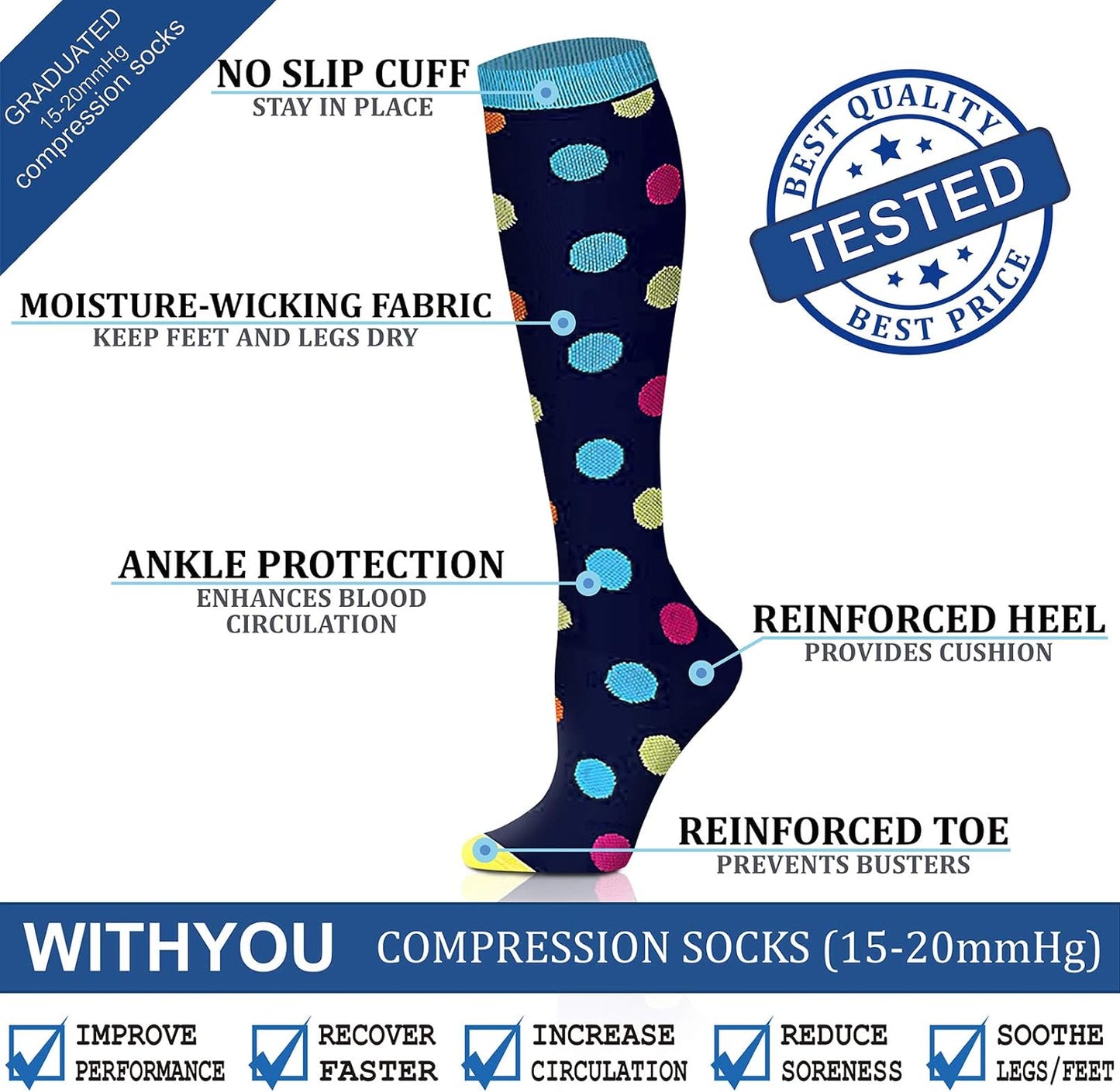 Compression Socks 15-20 Mmhg Is Best Athletic for Men & Women Running Flight Travel Nurses Pregnant