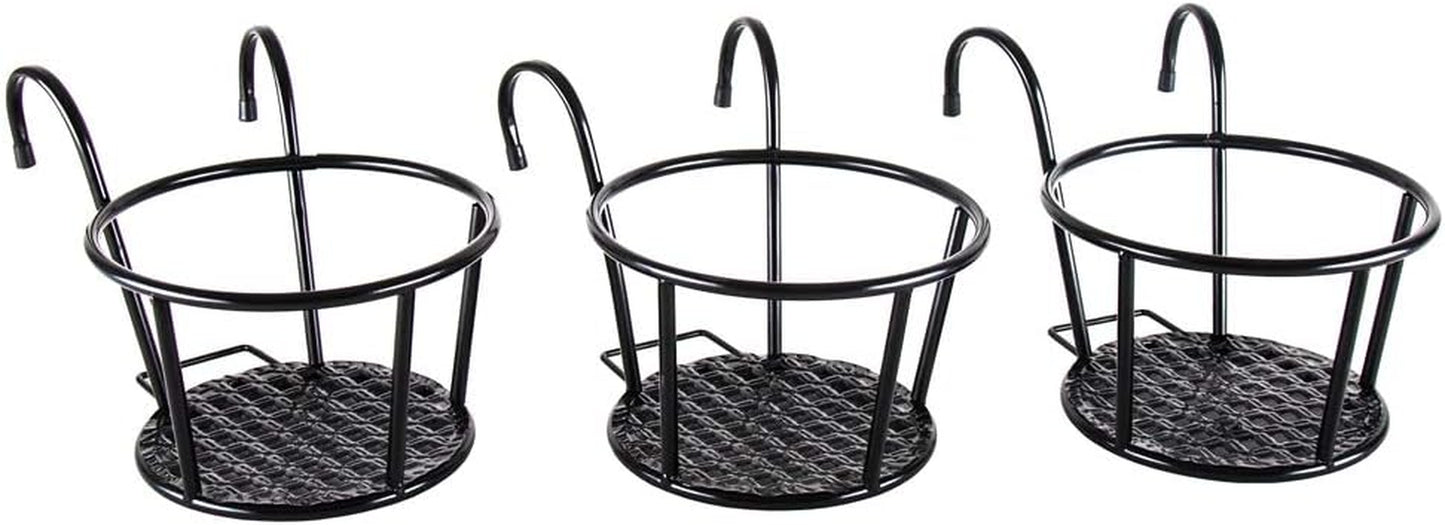 Iron Art Hanging Baskets Flower Pot Holder - over the Rail Metal Fence Planters - Pack of 3 - Black