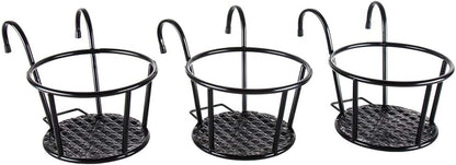 Iron Art Hanging Baskets Flower Pot Holder - over the Rail Metal Fence Planters - Pack of 3 - Black