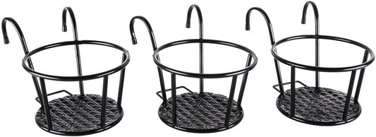 Iron Art Hanging Baskets Flower Pot Holder - over the Rail Metal Fence Planters - Pack of 3 - Black