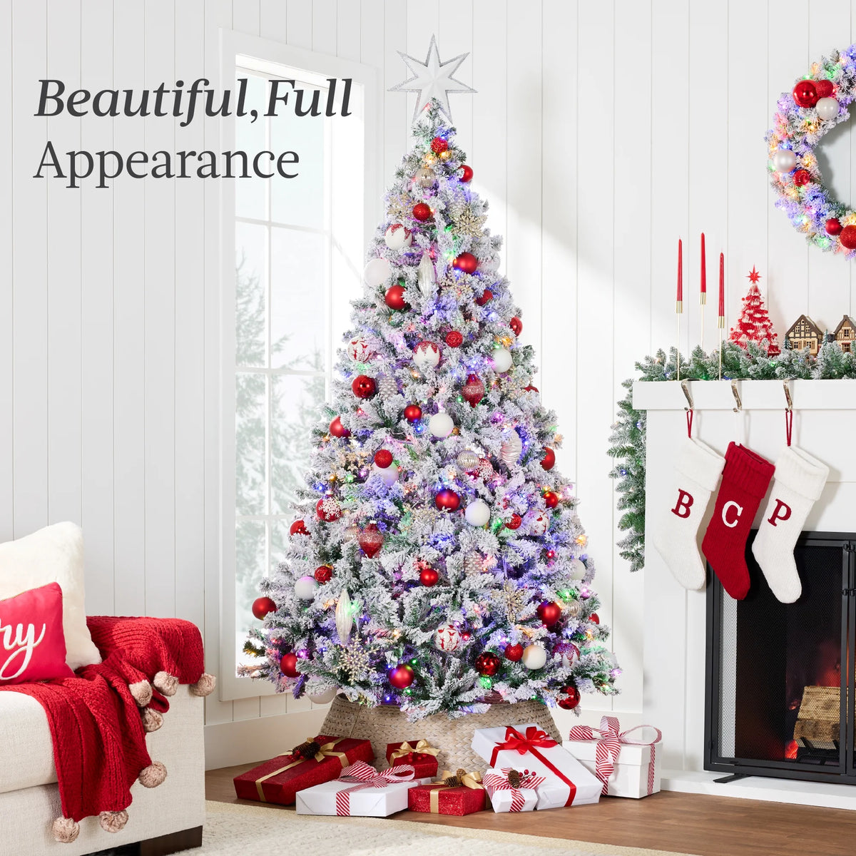 9Ft Pre-Lit Christmas Pine Tree W/ Flocked Branches 900 Multicolored or Warm-White Light Modes