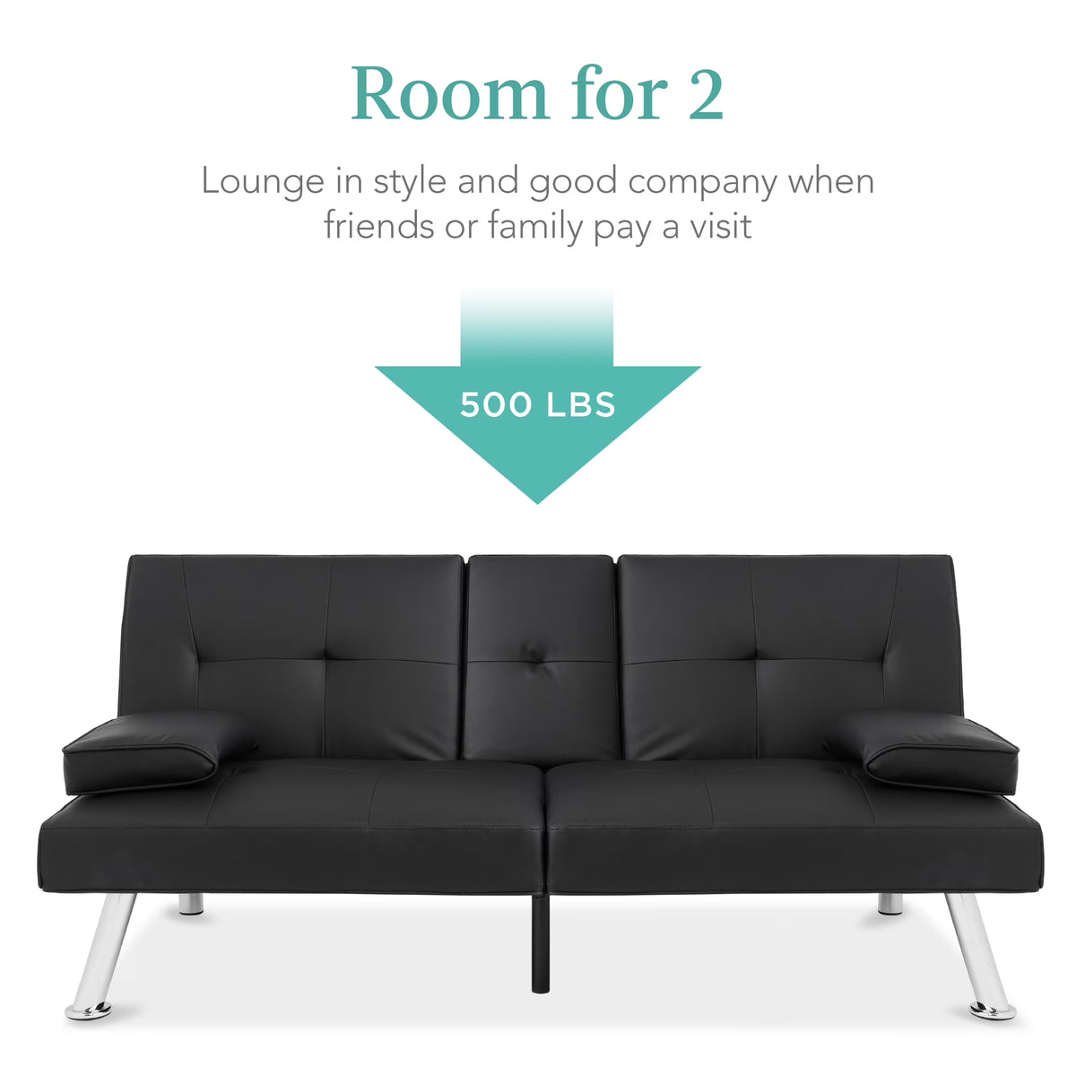 Modern Faux Leather Convertible Futon Sofa W/ Removable Armrests, 2 Cupholders - Black