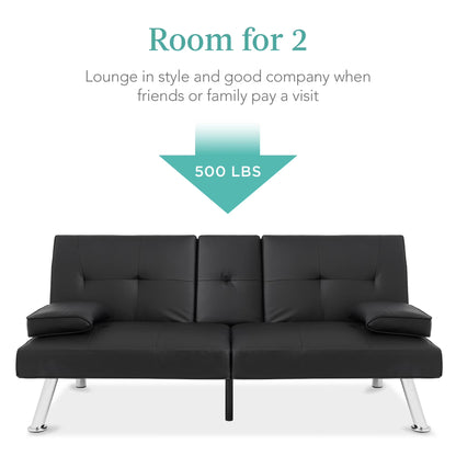 Modern Faux Leather Convertible Futon Sofa W/ Removable Armrests, 2 Cupholders - Black