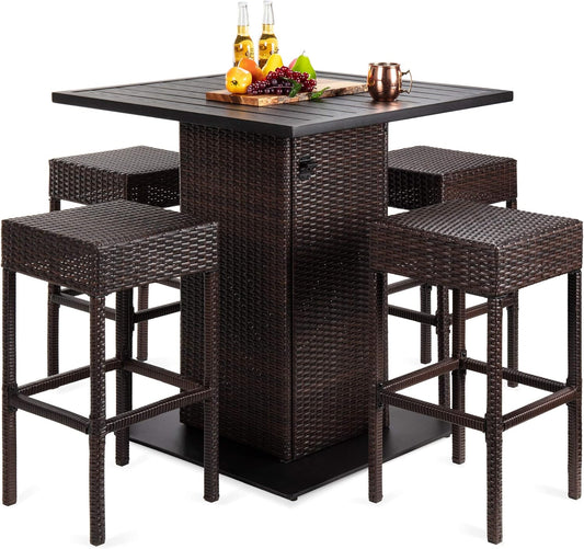 Best Choice Products 5-Piece Outdoor Wicker Bar Table Set for Patio, Poolside, Backyard W/Built-In Bottle Opener, Hidden Storage Shelf, Metal Tabletop, 4 Stools - Brown
