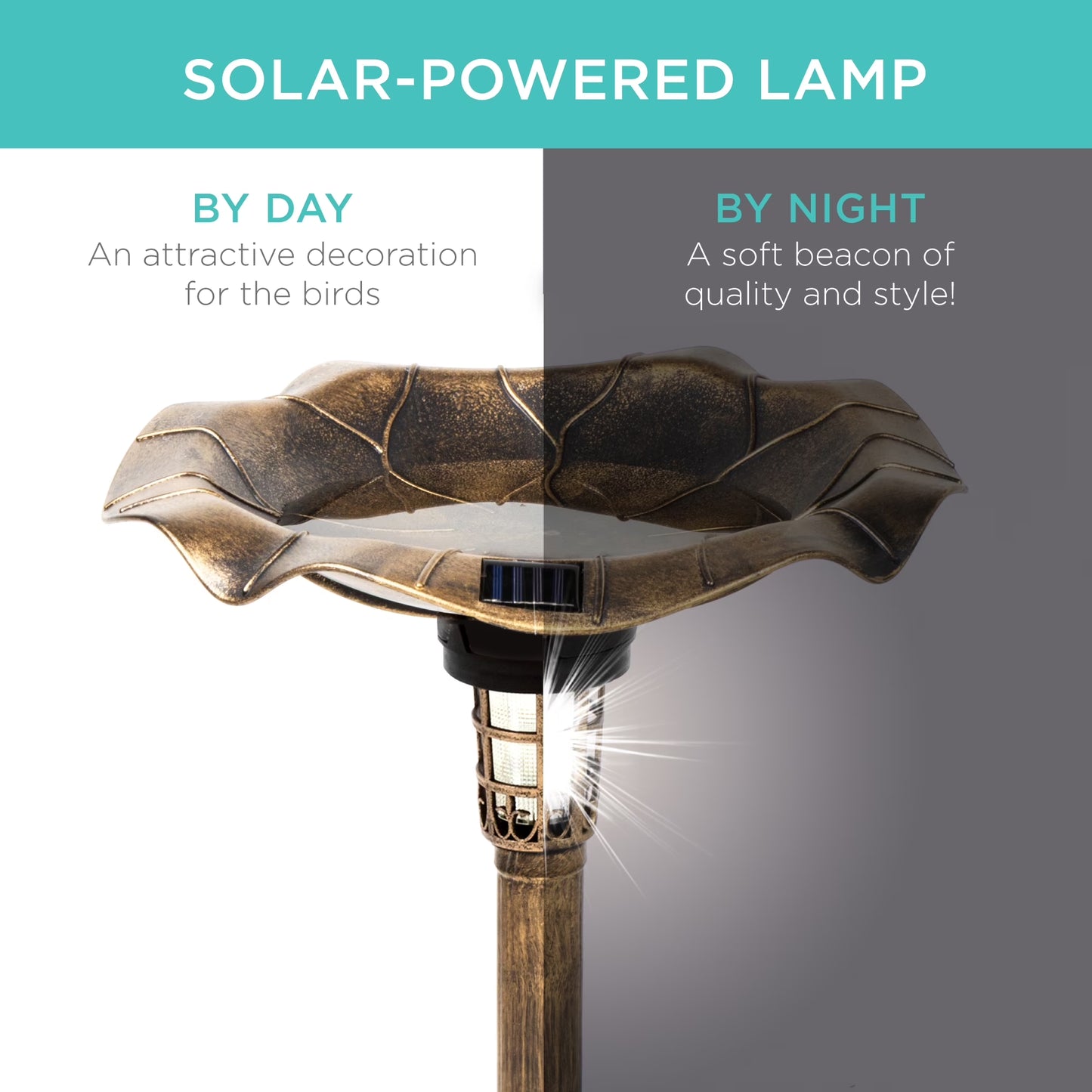 Solar Lighted Pedestal Bird Bath W/ Planter, Integrated Panel - Bronze