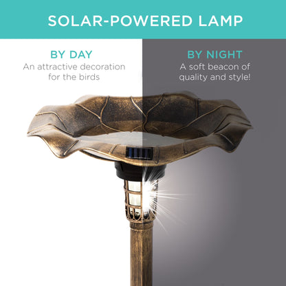 Solar Lighted Pedestal Bird Bath W/ Planter, Integrated Panel - Bronze