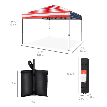 10X10Ft Easy Setup Pop up Canopy W/ 1-Button Setup, Wheeled Case, 4 Weight Bags - American Flag