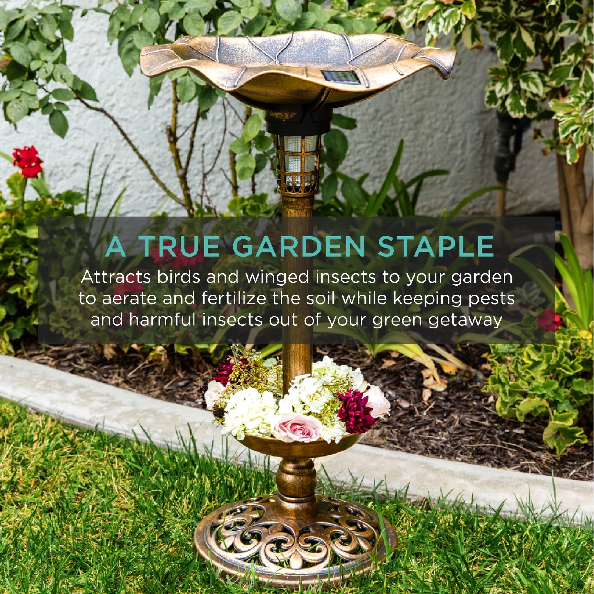 Solar Lighted Pedestal Bird Bath W/ Planter, Integrated Panel - Bronze