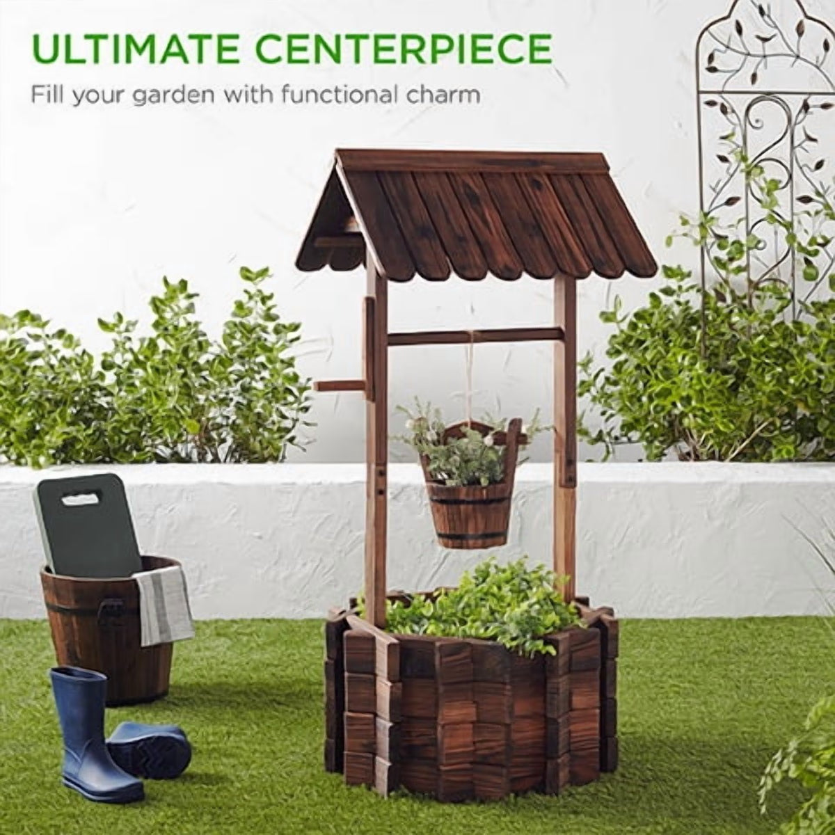 21.5" Rustic Wooden Wishing Well Planter Outdoor Home Decor for Patio, Garden, Yard W/ Hanging Bucket