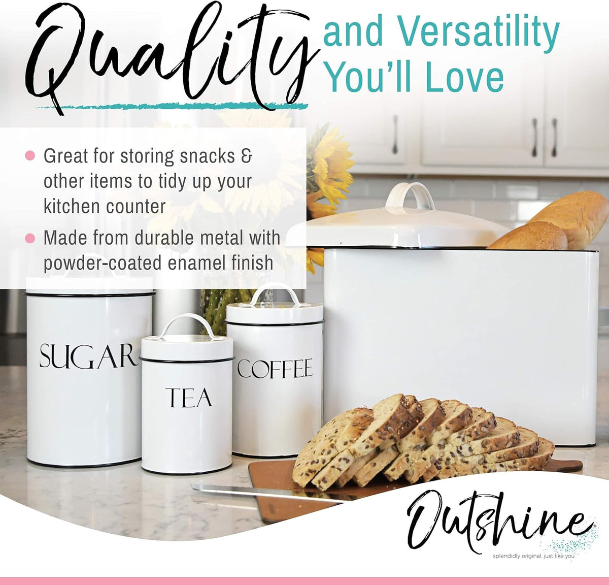 Vintage Metal Bread Bin - Countertop Space-Saving, Extra Large, High Capacity Bread Storage Box for Your Kitchen - Holds 2 Loaves 13" X 10" X 7"- White with BREAD Lettering