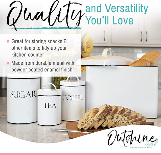 Vintage Metal Bread Bin - Countertop Space-Saving, Extra Large, High Capacity Bread Storage Box for Your Kitchen - Holds 2 Loaves 13" X 10" X 7"- White with BREAD Lettering