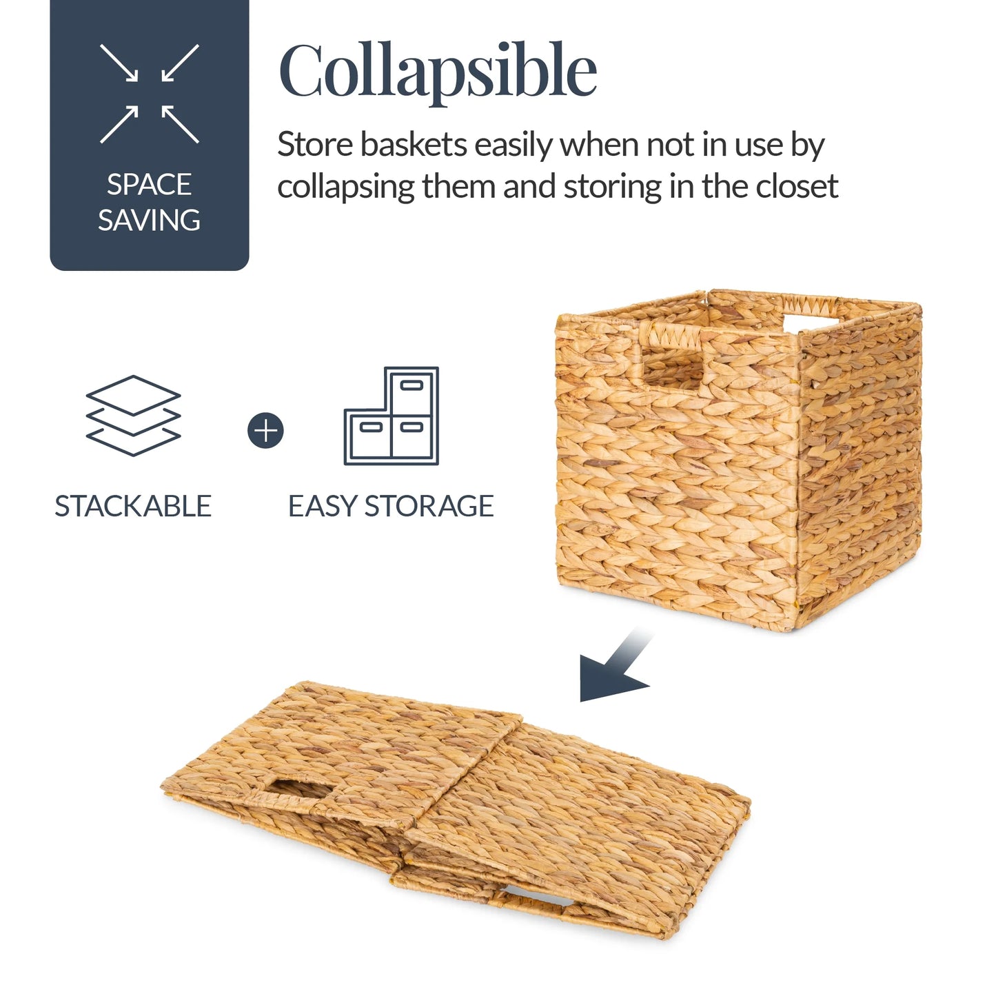 12X12In Hyacinth Baskets, Set of 5 Multipurpose Collapsible Organizers W/ Inserts - Natural