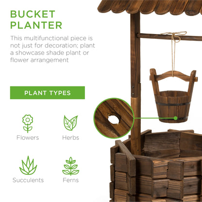 21.5" Rustic Wooden Wishing Well Planter Outdoor Home Decor for Patio, Garden, Yard W/ Hanging Bucket