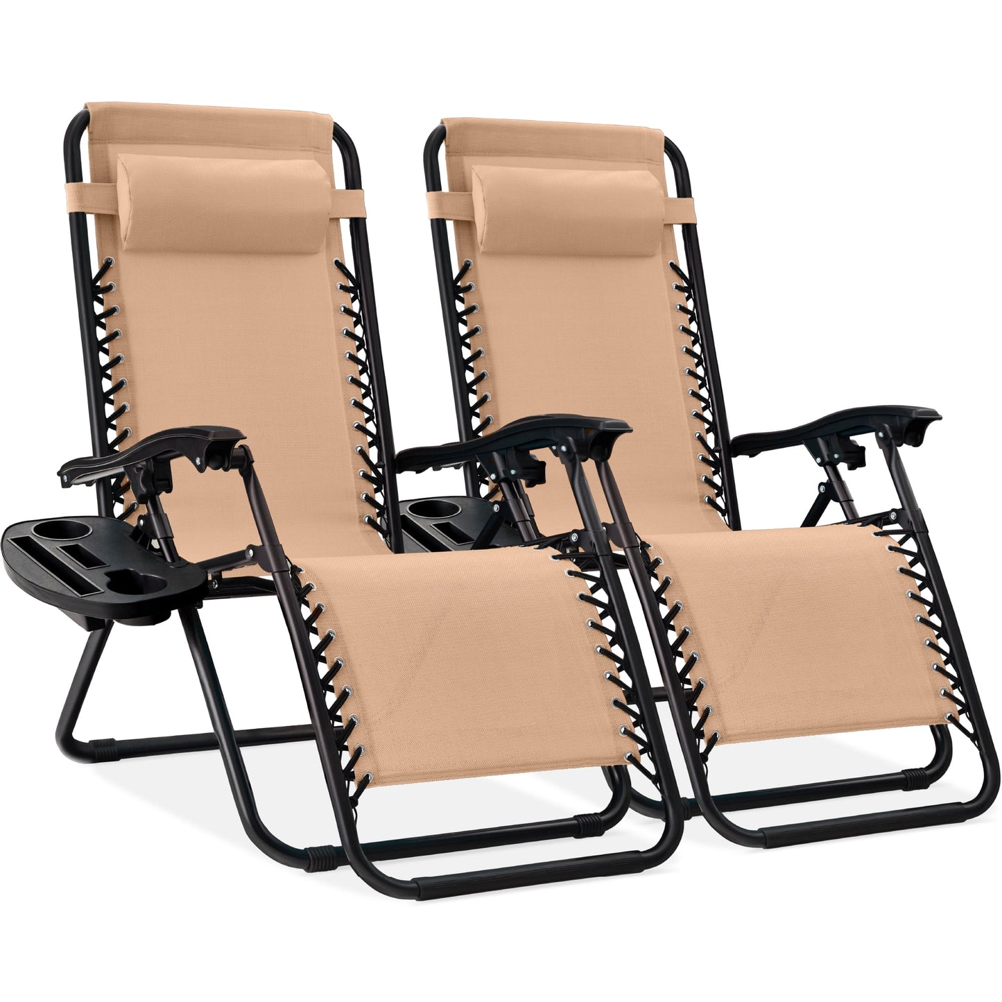 Set of 2 Zero Gravity Lounge Chair Recliners for Patio, Pool W/ Cup Holder Tray - Beige
