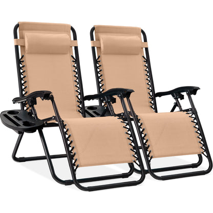 Set of 2 Zero Gravity Lounge Chair Recliners for Patio, Pool W/ Cup Holder Tray - Beige