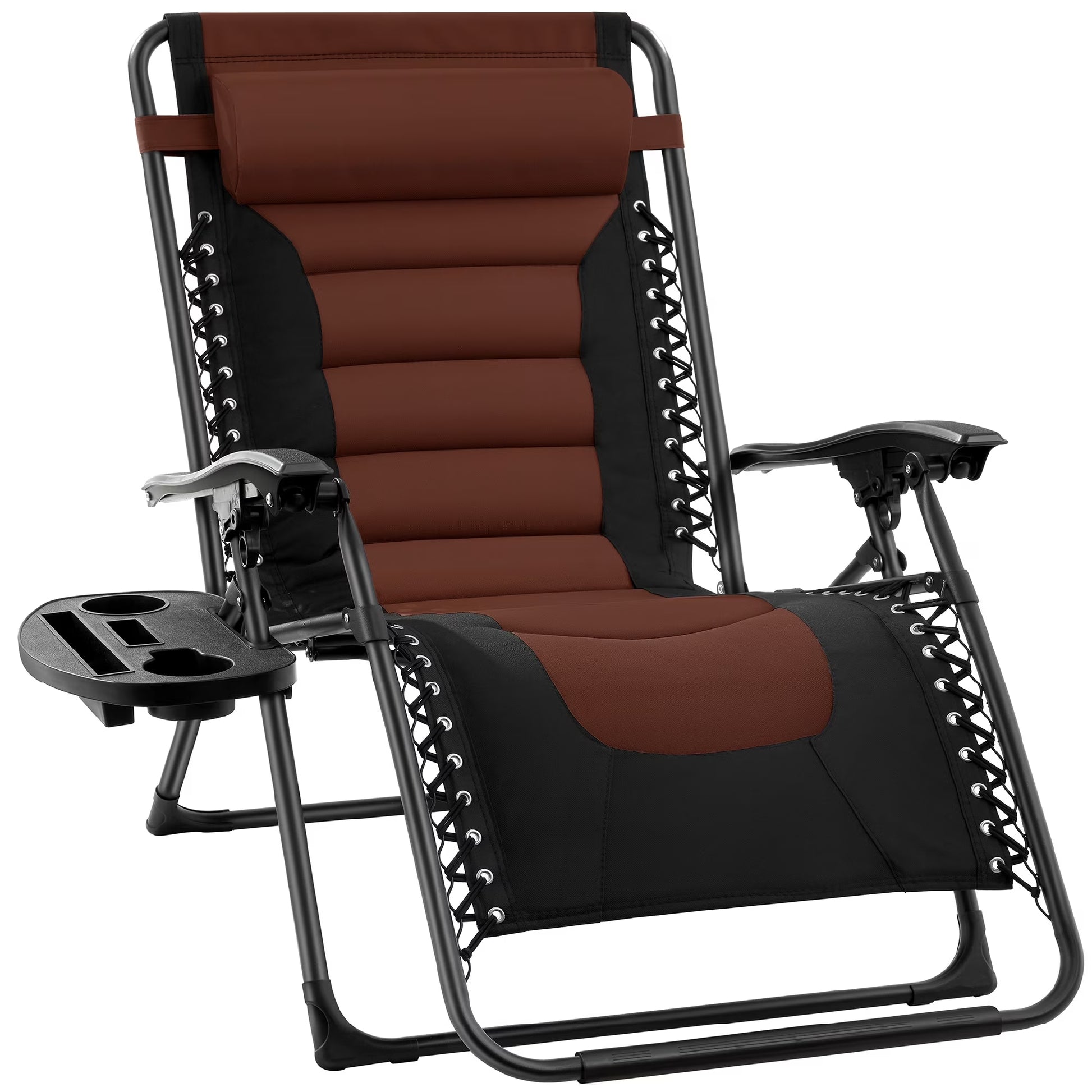 Oversized Padded Zero Gravity Chair, Folding Outdoor Patio Recliner W/ Side Tray - Brown